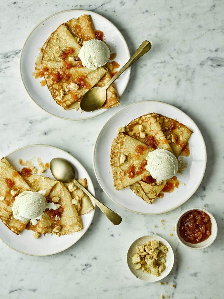Pancakes with Tracklements Bramley Apple Sauce, Vanilla Ice Cream and Shortbread Crumble Pieces
